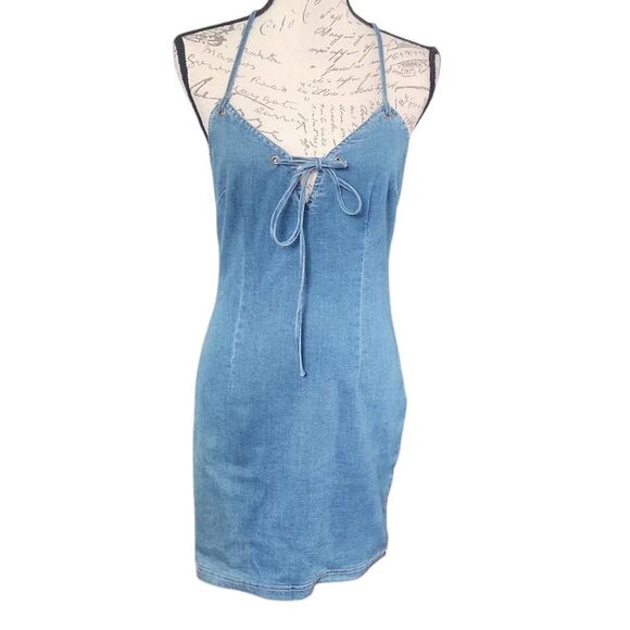 Mebon by Machine Jeans Ladies Size Large Blue Stretchy V-Neck Flirty Mini Dress - Picture 1 of 6